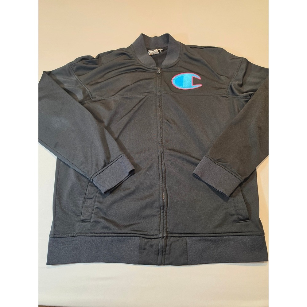 Champion Mens Black Track Jacket Large Full Zip Blue Pink Logo V2095 Bomber